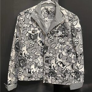 St John Sport Black White Floral Stripe Denim Style Jacket Size Large
